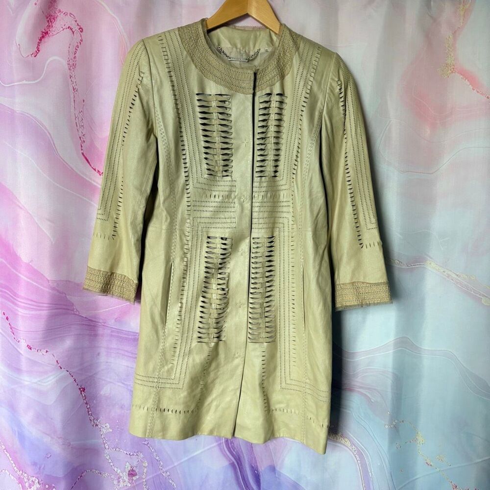 Elie Tahari XS Beige Leather Jacket Luxury Boho Preppy Artsy Boardwalk Designer